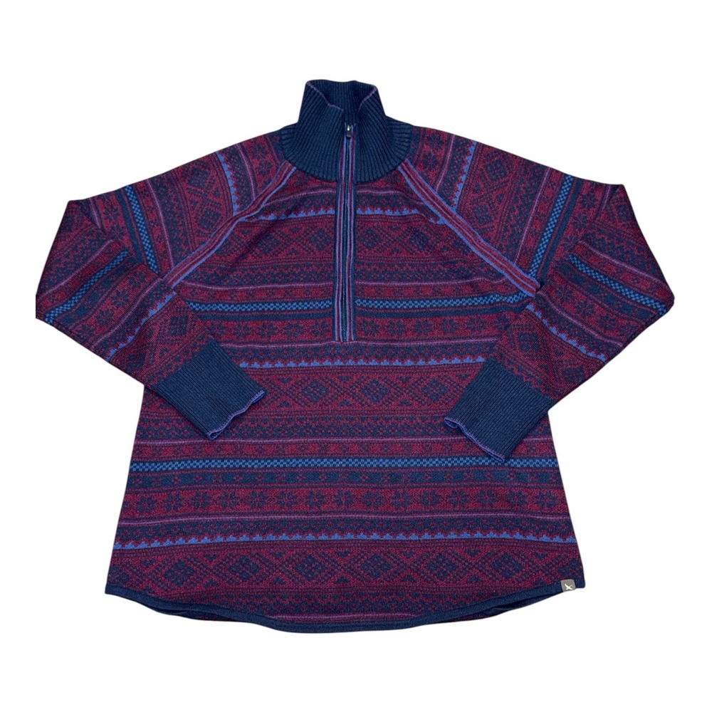 Eddie Bauer Women Quarter Zip Fair Isle Sweater Burgundy Navy Blue Size Medium